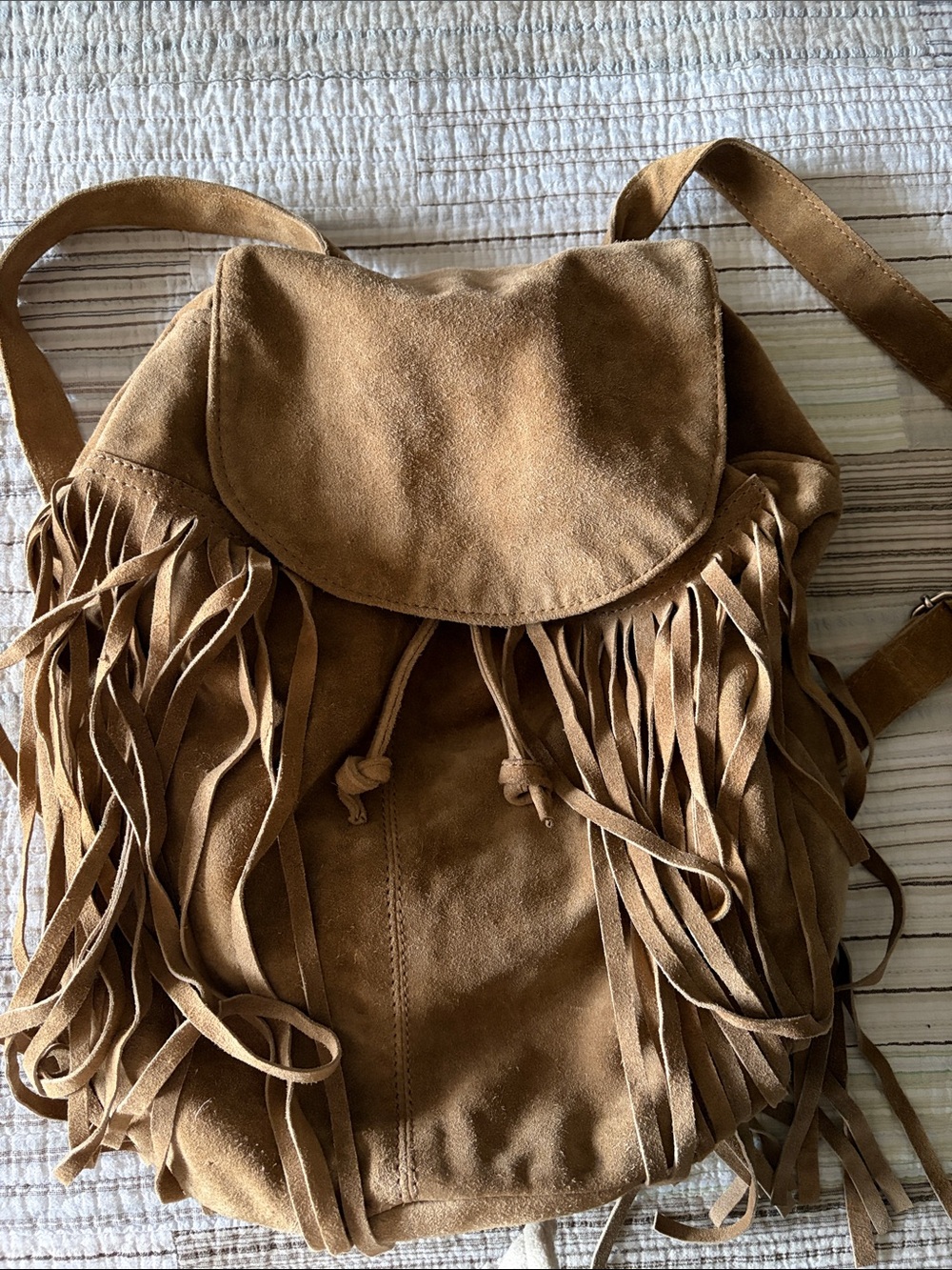 Aphorism Suede Fringe Backpack — Tan